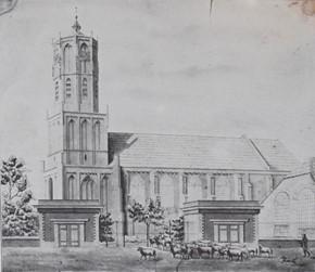 <p>Tekening van de Grote Kerk in Elst uit 1861, met op de voorgrond de brandspuithuisjes en rechts het schoolgebouw (Mentink 1976). </p>
